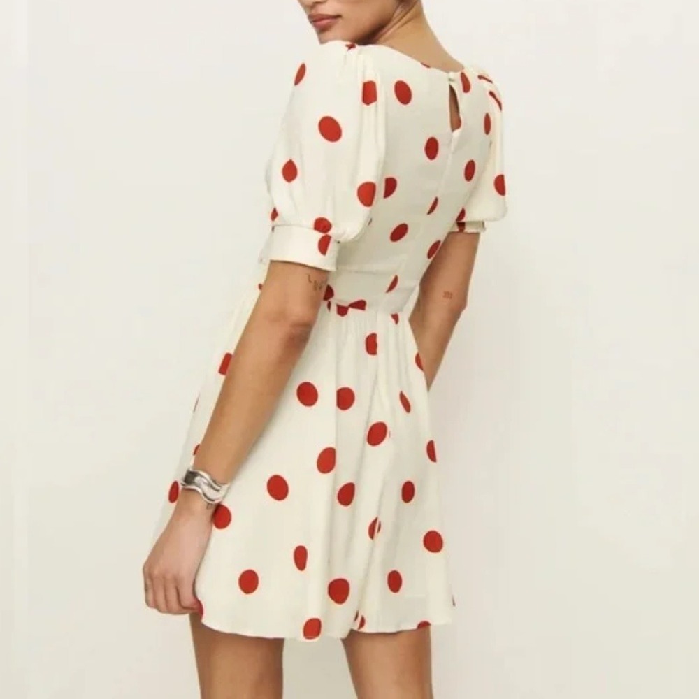 Reformation | NWT Aiyana Polka Dot Puff Sleeve Mini Dress in Carmona Dot - Picture 3 of 9